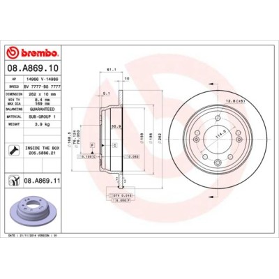 Bromsskiva BREMBO 08.A869.11, Bakaxel
