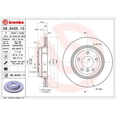 Bromsskiva BREMBO 09.9425.11, Bakaxel