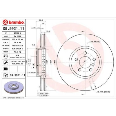 Bromsskiva BREMBO 09.9921.11, Framaxel
