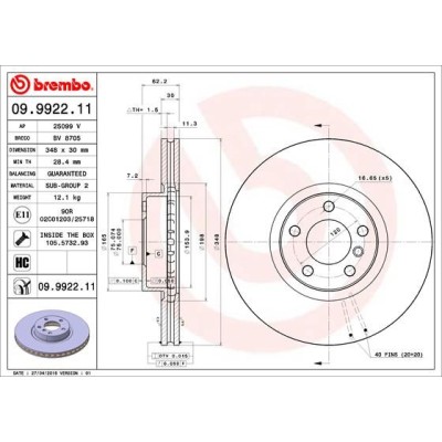 Bromsskiva BREMBO 09.9922.11, Framaxel