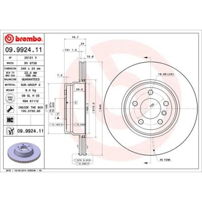 Bromsskiva BREMBO 09.9924.11, Bakaxel
