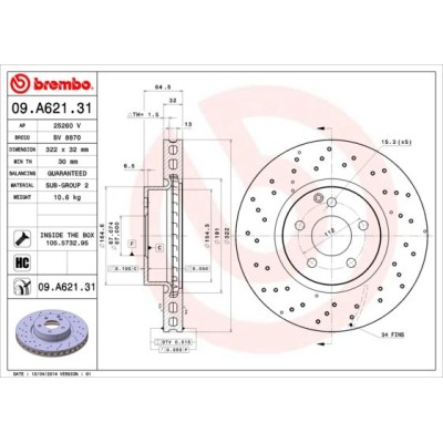 Bromsskiva BREMBO 09.A621.31, Framaxel