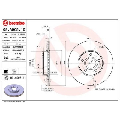 Bromsskiva BREMBO 09.A905.11, Framaxel