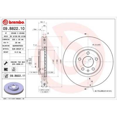 Bromsskiva BREMBO 09.B822.11, Framaxel