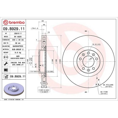Bromsskiva BREMBO 09.B929.11, Framaxel