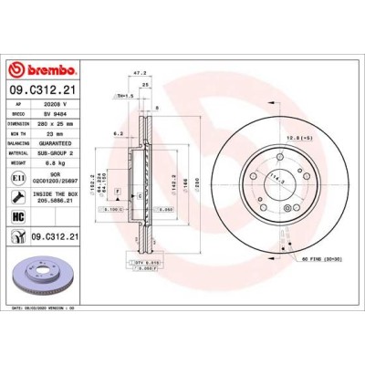 Bromsskiva BREMBO 09.C312.21, Framaxel
