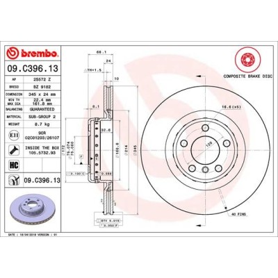 Bromsskiva BREMBO 09.C396.13, Bakaxel