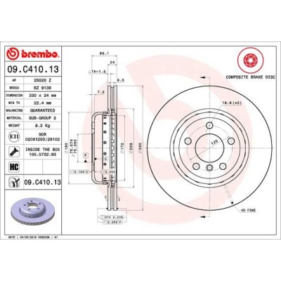 Bromsskiva BREMBO 09.C410.13, Framaxel