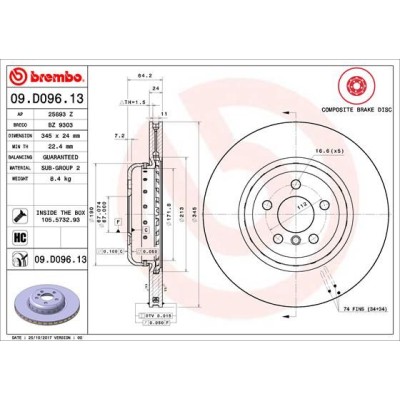 Bromsskiva BREMBO 09.D096.13, Bakaxel