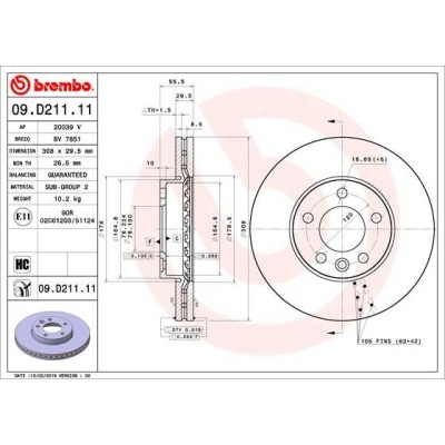 Bromsskiva BREMBO 09.D211.11, Framaxel
