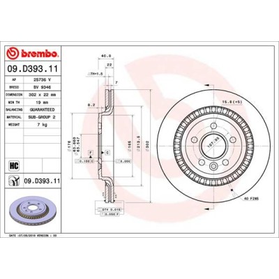 Bromsskiva BREMBO 09.D393.11, Bakaxel