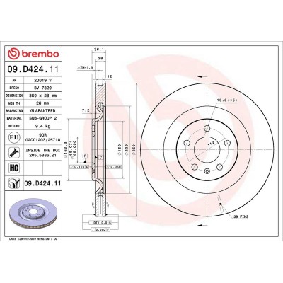 Bromsskiva BREMBO 09.D424.11, Bakaxel