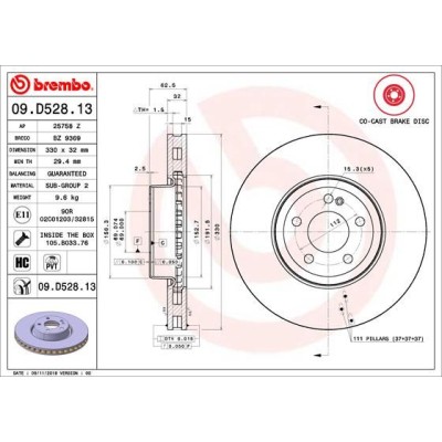 Bromsskiva BREMBO 09.D528.13, Framaxel