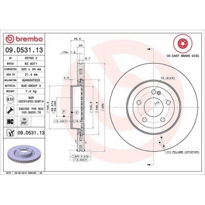 Bromsskiva BREMBO 09.D531.13, Bakaxel