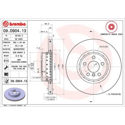 Bromsskiva BREMBO 09.D904.13, Framaxel