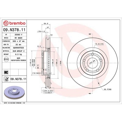 Bromsskiva BREMBO 09.N378.11, Framaxel