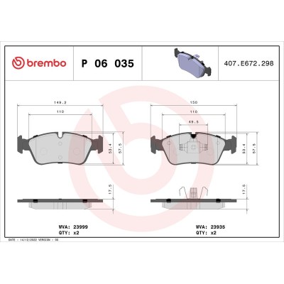 Bromsbelägg BREMBO P 06 035, Framaxel (Sats)