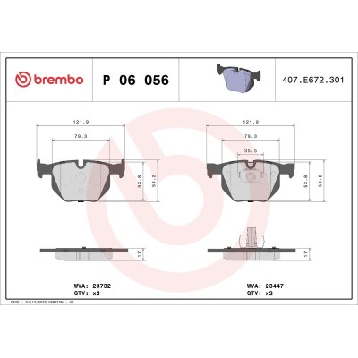 Bromsbelägg BREMBO P 06 056, Bakaxel (Sats)