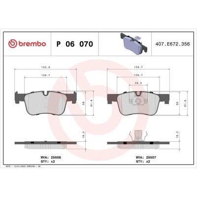Bromsbelägg BREMBO P 06 070, Framaxel (Sats)