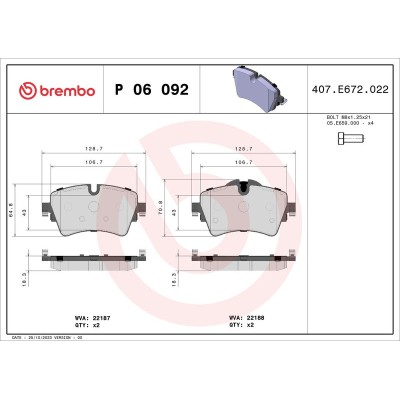 Bromsbelägg BREMBO P 06 092, Framaxel (Sats)