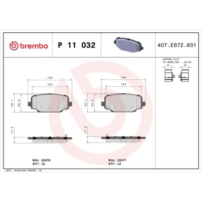 Bromsbelägg BREMBO P 11 032, Bakaxel (Sats)