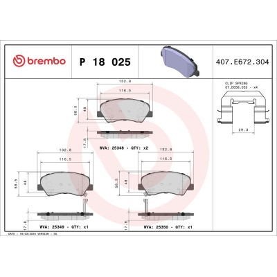 Bromsbelägg BREMBO P 18 025, Framaxel (Sats)