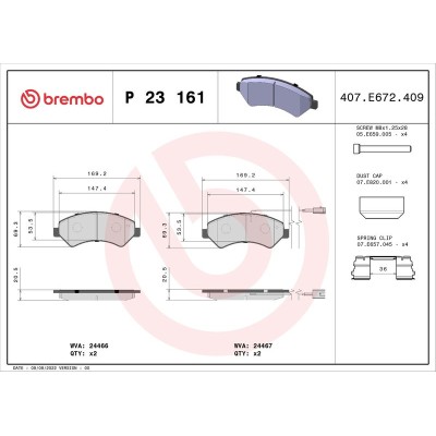 Bromsbelägg BREMBO P 23 161, Framaxel (Sats)