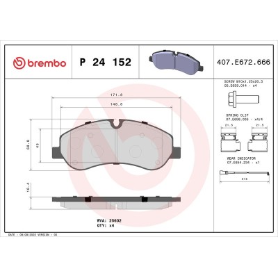 Bromsbelägg BREMBO P 24 152, Framaxel (Sats)