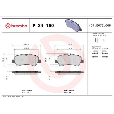 Bromsbelägg BREMBO P 24 160, Bakaxel (Sats)