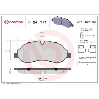 Bromsbelägg BREMBO P 24 171, Framaxel (Sats)