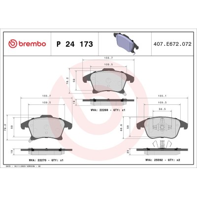 Bromsbelägg BREMBO P 24 173, Framaxel (Sats)