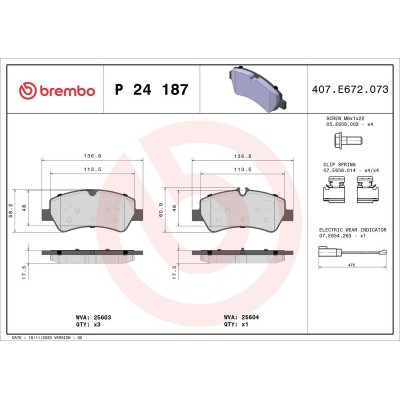 Bromsbelägg BREMBO P 24 187, Bakaxel (Sats)
