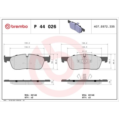 Bromsbelägg BREMBO P 44 026, Framaxel (Sats)