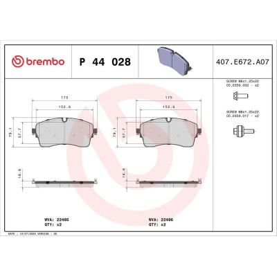 Bromsbelägg BREMBO P 44 028, Framaxel (Sats)