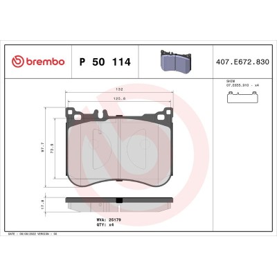 Bromsbelägg BREMBO P 50 114, Framaxel (Sats)