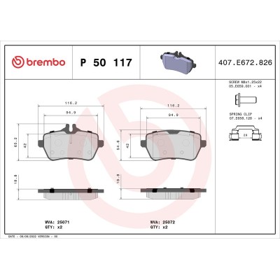 Bromsbelägg BREMBO P 50 117, Bakaxel (Sats)