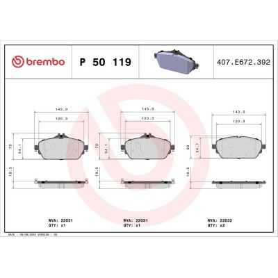 Bromsbelägg BREMBO P 50 119, Framaxel (Sats)