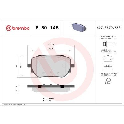 Bromsbelägg BREMBO P 50 148, Bakaxel (Sats)