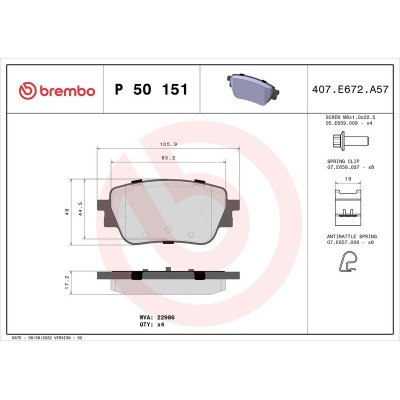 Bromsbelägg BREMBO P 50 151, Bakaxel (Sats)
