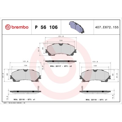 Bromsbelägg BREMBO P 56 106, Framaxel (Sats)