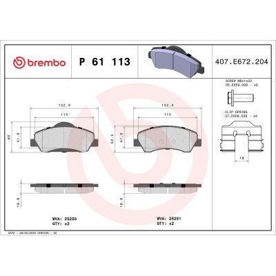 Bromsbelägg BREMBO P 61 113, Framaxel (Sats)
