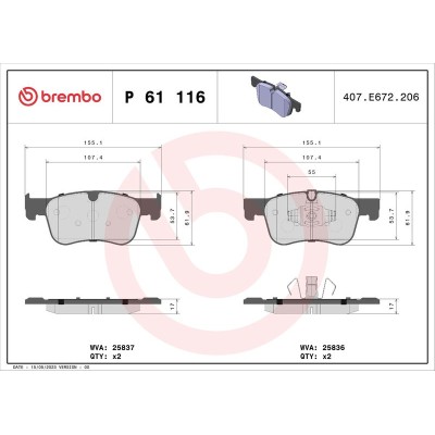 Bromsbelägg BREMBO P 61 116, Framaxel (Sats)