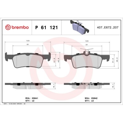 Bromsbelägg BREMBO P 61 121, Bakaxel (Sats)