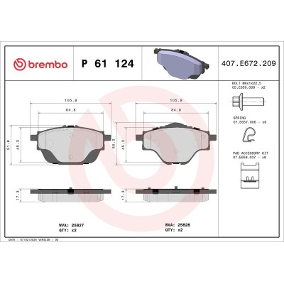 Bromsbelägg BREMBO P 61 124, Bakaxel (Sats)