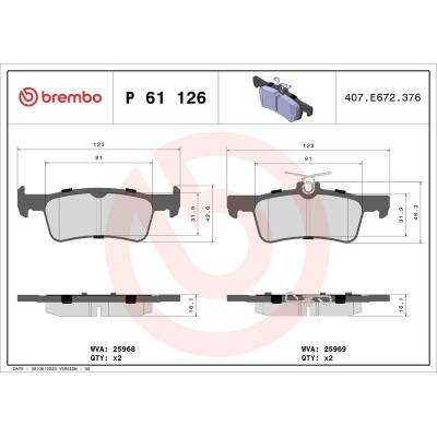 Bromsbelägg BREMBO P 61 126, Bakaxel (Sats)