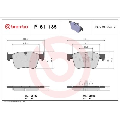 Bromsbelägg BREMBO P 61 135, Framaxel (Sats)
