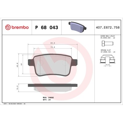 Bromsbelägg BREMBO P 68 043, Bakaxel (Sats)