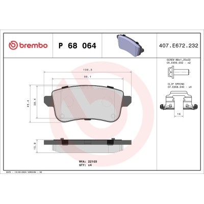 Bromsbelägg BREMBO P 68 064, Bakaxel (Sats)