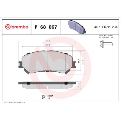 Bromsbelägg BREMBO P 68 067, Framaxel (Sats)