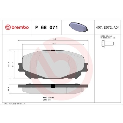 Bromsbelägg BREMBO P 68 071, Framaxel (Sats)